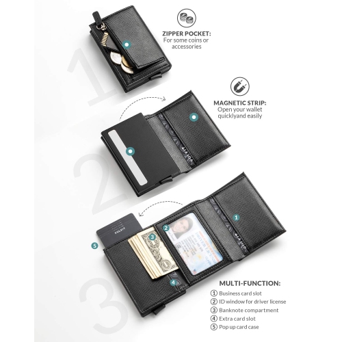 VULKIT Pop up Wallet, RFID Blocking Genuine Leather Credit Card Wallet with Banknote Compartment, ID Window & Coin Pocket (C