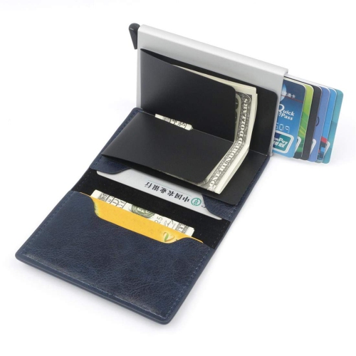 CHJGLNL Men's Genuine Leather Wallet RFID Blocking Aluminum Automatic Pop Up Credit Card Holder Case