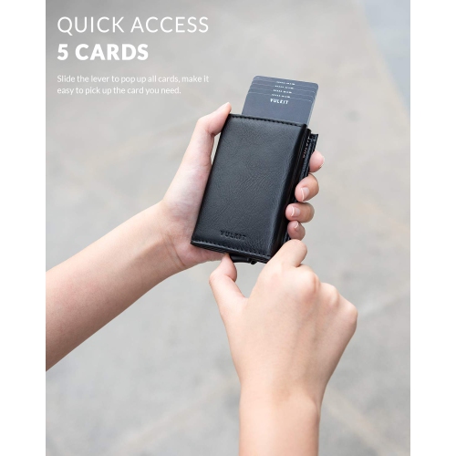VULKIT – Portefeuille escamotable, porte-cartes de crédit en cuir véritable anti-RFID avec compartiment à billets, fenêtre pour pièce d’identité et