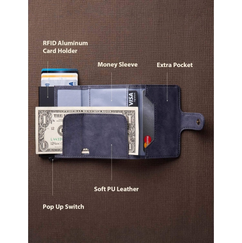 Slim Pop Up Wallet For Men, Leather Credit Card Case Holder RFID Blocking Minimalist Wallets