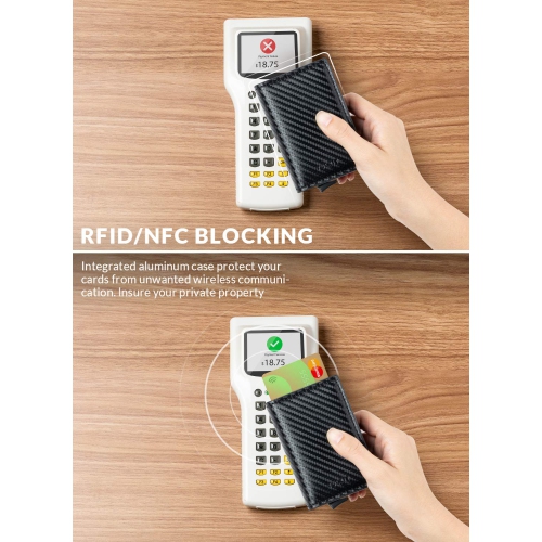 Pop Up Wallet Automatic Slim Leather Credit Card Holder RFID Blocking with Money Clip Business Wallet Holds 12 Cards Carbon