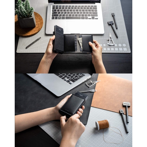 Pop Up Wallet Automatic Slim Leather Credit Card Holder RFID Blocking with Money Clip Business Wallet Holds 12 Cards Carbon