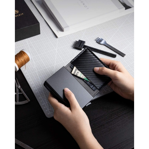 Pop Up Wallet Automatic Slim Leather Credit Card Holder RFID Blocking with Money Clip Business Wallet Holds 12 Cards Carbon