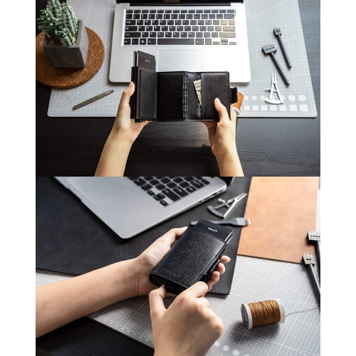 Le porte-cartes de crédit en cuir de VULKIT avec blocage RFID et étui pour cartes double pour hommes et femmes peut contenir 12 cartes