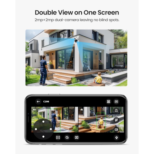 ZOSI C298 4MP(2MP+2MP) Dual-Lens WiFi Outdoor Home Security Camera, 360° PTZ Surveillance Camera with Person/Vehicle Detection, Two-Way Audio,
