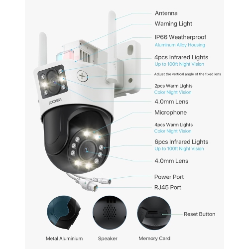 ZOSI C298 4MP(2MP+2MP) Dual-Lens WiFi Outdoor Home Security Camera, 360° PTZ Surveillance Camera with Person/Vehicle Detection, Two-Way Audio,