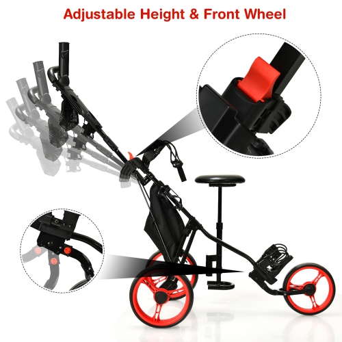 Gymax 3-Wheel Foldable Golf Push Pull Cart Trolley w/ Seat Adjustable Handle