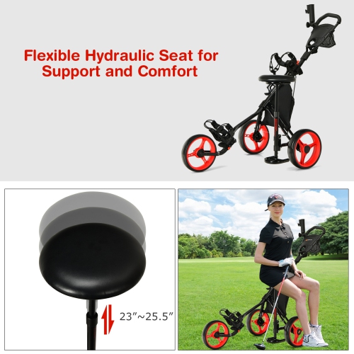 Gymax 3-Wheel Foldable Golf Push Pull Cart Trolley w/ Seat Adjustable Handle