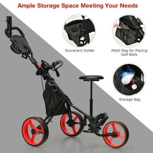 Gymax 3-Wheel Foldable Golf Push Pull Cart Trolley w/ Seat Adjustable Handle
