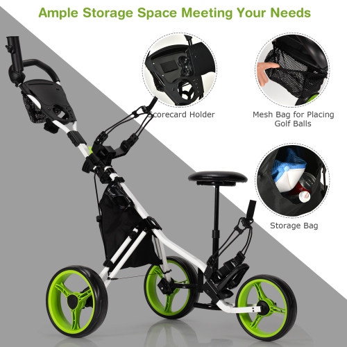 Gymax 3-Wheel Foldable Golf Push Pull Cart Trolley w/ Seat Adjustable Handle