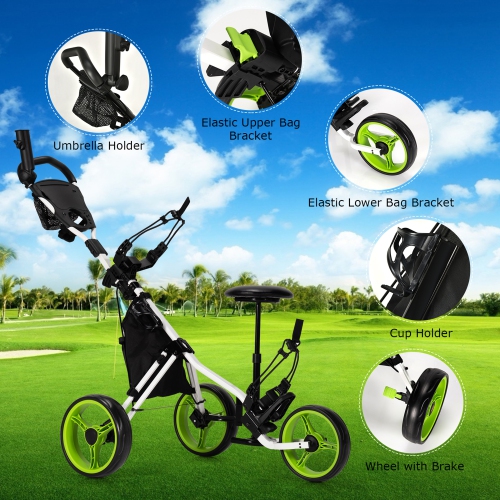 Gymax 3-Wheel Foldable Golf Push Pull Cart Trolley w/ Seat Adjustable Handle