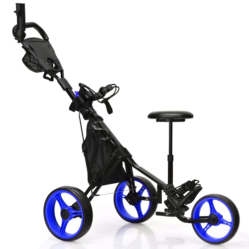 GYMAX  3-Wheel Foldable Golf Push Pull Cart Trolley W/ Seat Adjustable Handle