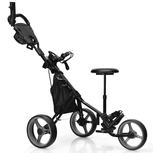 Gymax 3-Wheel Foldable Golf Push Pull Cart Trolley w/ Seat Adjustable Handle