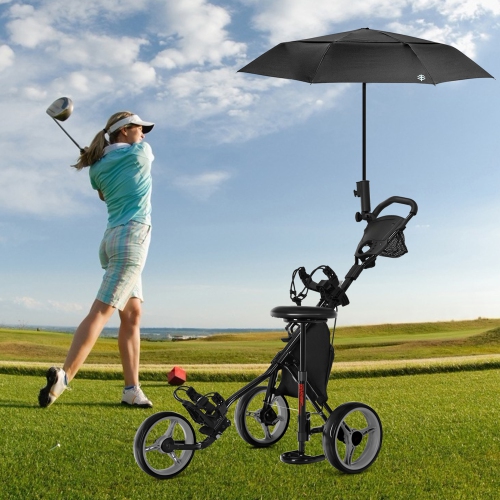 Gymax 3-Wheel Foldable Golf Push Pull Cart Trolley w/ Seat Adjustable Handle
