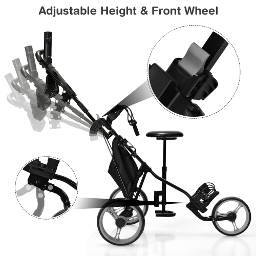 Gymax 3-Wheel Foldable Golf Push Pull Cart Trolley w/ Seat Adjustable Handle