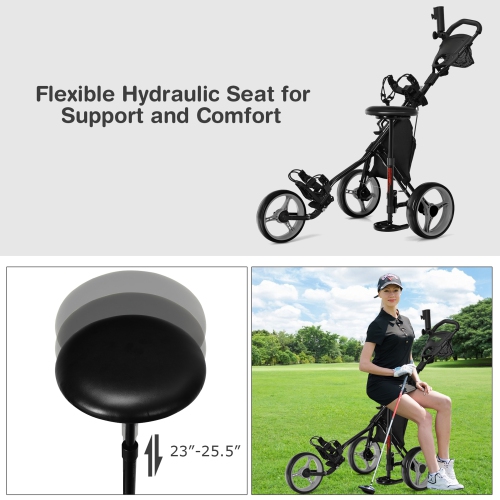 Gymax 3-Wheel Foldable Golf Push Pull Cart Trolley w/ Seat Adjustable Handle