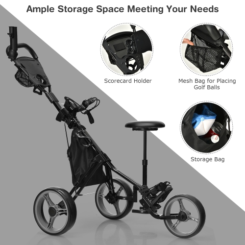 Gymax 3-Wheel Foldable Golf Push Pull Cart Trolley w/ Seat Adjustable Handle