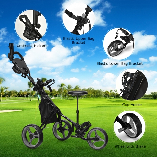 Gymax 3-Wheel Foldable Golf Push Pull Cart Trolley w/ Seat Adjustable Handle