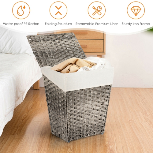 Gymax Handwoven Laundry Hamper Foldable w/Removable Liner, Lid & Handles