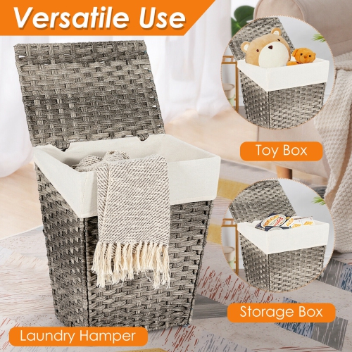 Gymax Handwoven Laundry Hamper Foldable w/Removable Liner, Lid & Handles