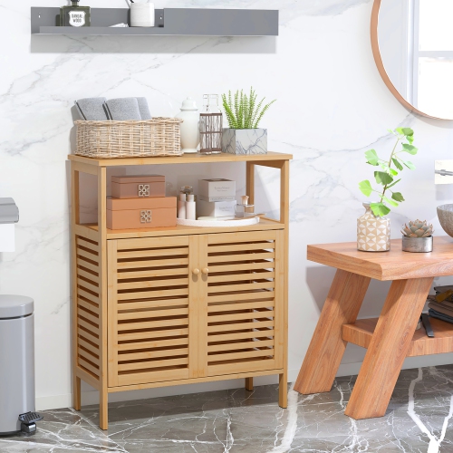 Gymax Bathroom Floor Cabinet Freestanding Bamboo Storage Organizer w/ Double Shutter Doors
