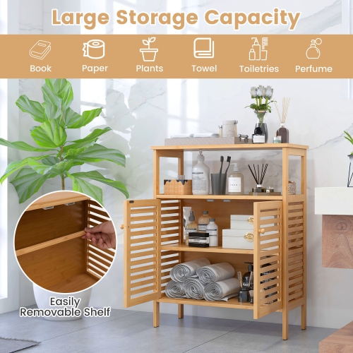 Gymax Bathroom Floor Cabinet Freestanding Bamboo Storage Organizer w/ Double Shutter Doors