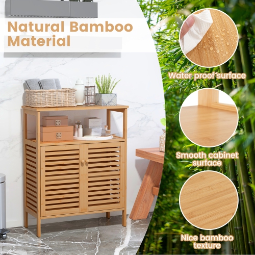 Gymax Bathroom Floor Cabinet Freestanding Bamboo Storage Organizer w/ Double Shutter Doors