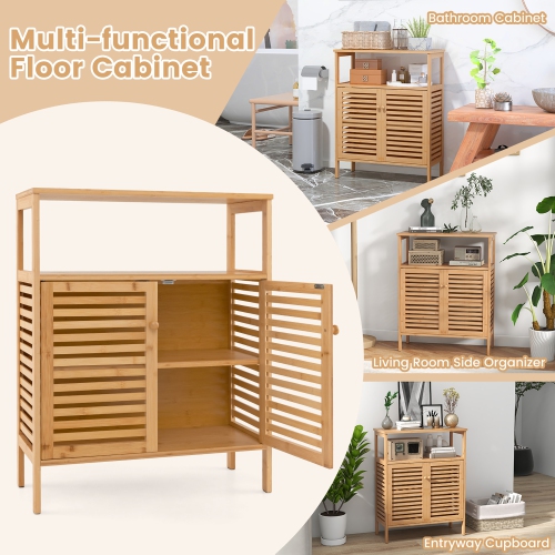 Gymax Bathroom Floor Cabinet Freestanding Bamboo Storage Organizer w/ Double Shutter Doors