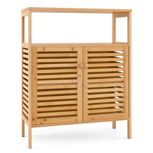 Gymax Bathroom Floor Cabinet Freestanding Bamboo Storage Organizer w/ Double Shutter Doors