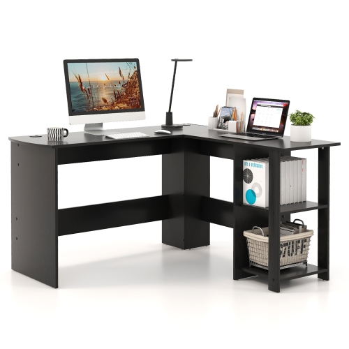 Gymax L-Shaped Computer Desk for Small Space Corner Home Office Desk w/ Shelves Black