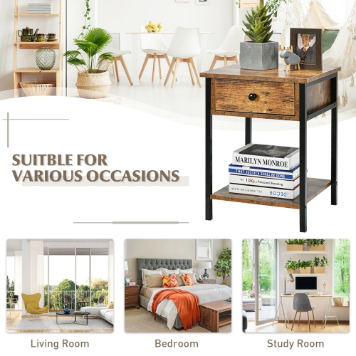 Gymax Industrial End Side Table Nightstand with Drawer Shelf Rustic Brown