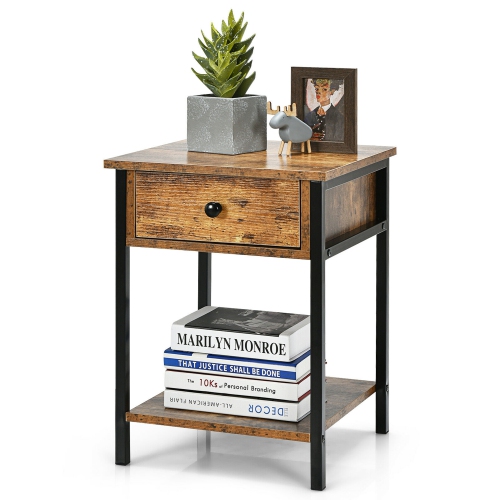 Gymax 2PCS Industrial End Side Table Nightstand with Drawer Shelf Rustic Brown