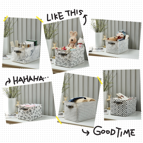 DECOMOMO Storage Baskets, Water-Resistant Toy Storage Bin, Storage Bins for Shelves, Large - 15 x 11 x 9.5" | Patterned and White - 6 Pack