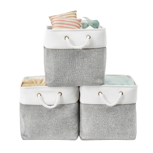 Collapsible Sturdy Cationic Fabric Storage Basket Cube W/Handles for Organizing Shelf Nursery Home Closet Blue and Silver, Cube 13-3 Pack DECOMOMO Foldable Storage Bin 