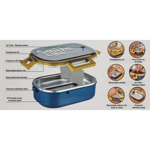 Sunwealth Stainless Steel Insulated Lunch Box with Adjustable Compartment - 980ml - Blue