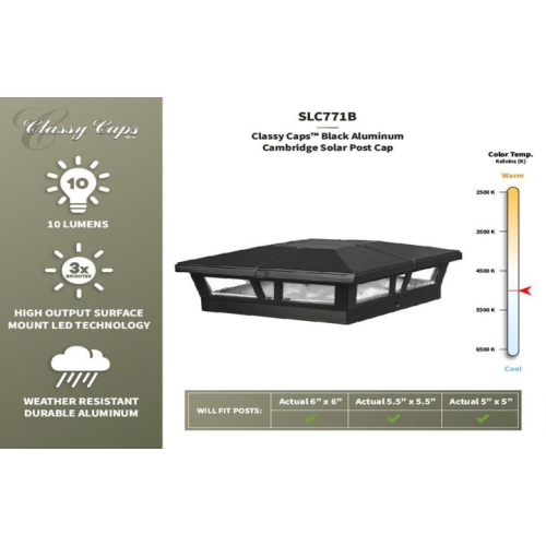 Classy Caps 6x6 Black Aluminum Cambridge Solar Post Cap SLC771B