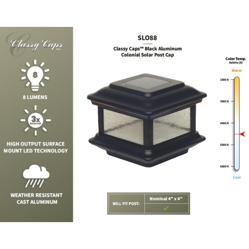 Classy Caps 4x4 Black Aluminum Colonial Solar Post Cap SLO88