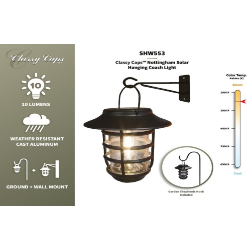 Classy Caps Black Aluminum Nottingham Solar Hanging Coach Light SHW553