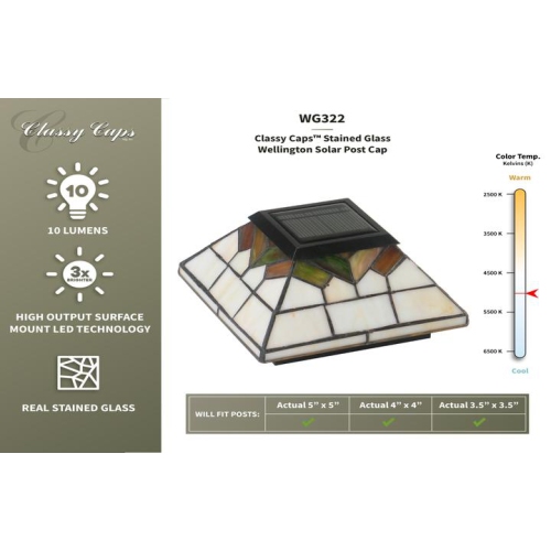 Classy Caps 5x5-4x4-3.5x3.5 Stained Glass Wellington Solar Post Cap WG322