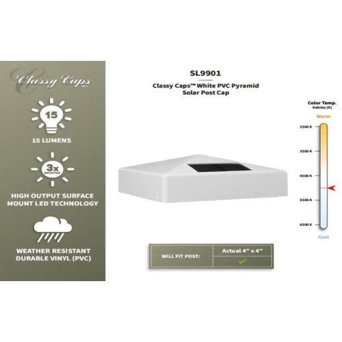 Classy Caps 4x4 White PVC Pyramid Solar Post Cap SL9901