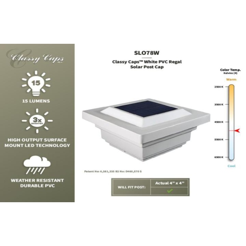 Classy Caps 4x4 White PVC Regal Solar Post Cap SLO78W