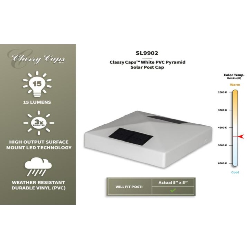 Classy Caps 5x5 White PVC Pyramid Solar Post Cap SL9902