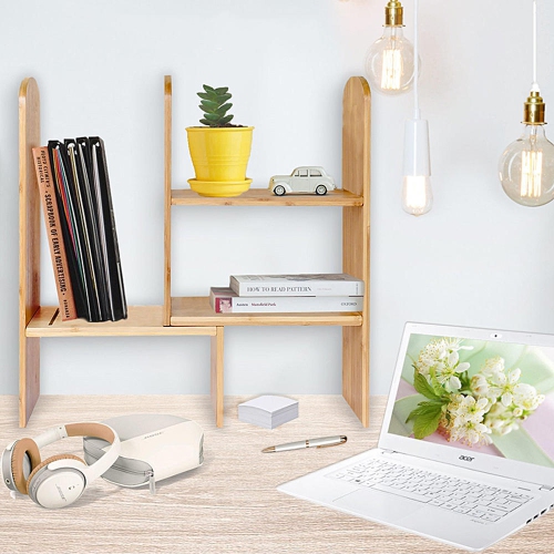Bamboo Desktop Telescopic Bookshelf Organizer Desk Bookcase Countertop Display Shelf Rack Corner Storage Cosmetic Shelf