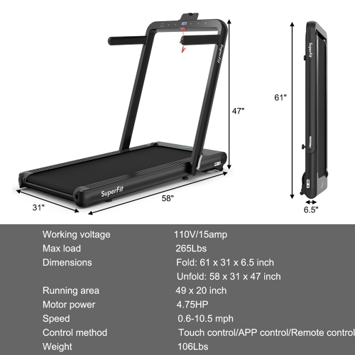 SuperFit 4.75HP 2 In 1 Folding Treadmill W/Remote APP Control Bluetooth