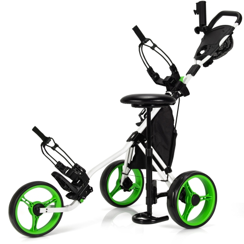 Goplus Folding 3 Wheels Golf Push Cart W/Seat Scoreboard Adjustable Handle