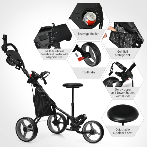 Goplus Folding 3 Wheels Golf Push Cart W/Seat Scoreboard Adjustable Handle