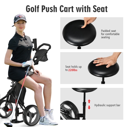 Goplus Folding 3 Wheels Golf Push Cart W/Seat Scoreboard Adjustable Handle