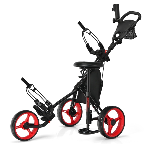 Goplus Folding 3 Wheels Golf Push Cart W/Seat Scoreboard Adjustable Handle