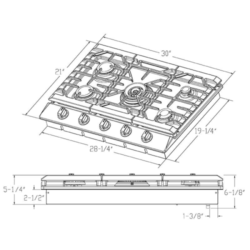 FOTILE GLS30501 30” Stainless Steel 5-Burner Gas Cooktop, Tri-Ring 21,000 BTUs Center Burner with Flame Failure Protection Removable Grates and