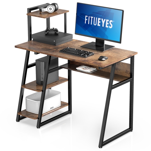 FITUEYES – Table de travail pour bureau d’ordinateur avec tablettes de rangement, table d’écriture avec étagère verticale pour bureau à domicile,